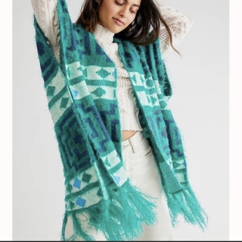 Free People Knit Open Front Fringe Green Blue Sweater Poncho Kimono One Size